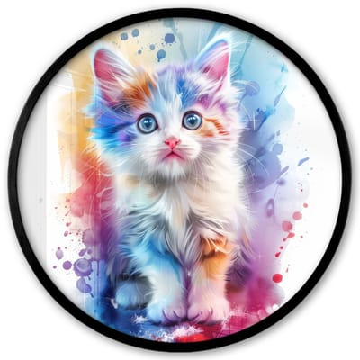 Poster in lijst Rond - Fotolijst 40x40 cm - Posters - Kat - Kleurrijk - Verf - Dier - Wit - Ronde posterlijst zwart - Decoratie - Wanddecoratie woonkamer - Muurdecoratie slaapkamer