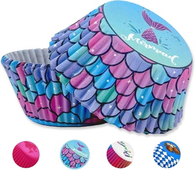 100 stuks zeemeermin cupcake hoezen, blauwe papieren bakvormen, muffin wrappers voor kinderfeestjes en meisjesfeestjes