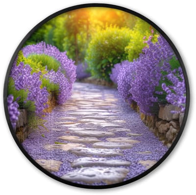 Poster in lijst Rond - Fotolijst 60x60 cm - Posters - Bloemen - Pad - lavendel - Tuin - Ronde posterlijst zwart - Decoratie - Wanddecoratie woonkamer - Muurdecoratie slaapkamer