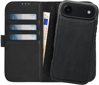 Rosso Elite Hoesje Geschikt voor Apple iPhone Air | Compatibel met MagSafe / Qi2 | Book Case en Back Cover | Magnetisch Uitneembaar | Echt Leer Beschermhoes met Pasjeshouder | Zwart