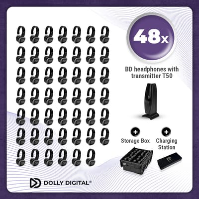 Complete Set 48x Dolly Digital© BD Draadloze Koptelefoons voor groepen + T50 Zender + Oplaad Station + 2 Professionele Storage Boxen| Silent Disco