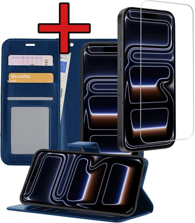 Hoesje - Met Screenprotector - Geschikt voor iPhone 17 Pro / 18 Pro - Luxe Pasjeshouder - Flipcase - Bookcase Portemonee - Flip Case - Kunstleer Book Case - Book Cover - Walletcase - Portemonneehoes - Telefoonhoes - Donkerblauw