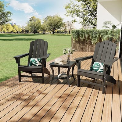 Zwart HDPE Adirondack-stoel, set van 2, tuinstoel met houtstructuur, weerbestendige terrasstoel met hoge rugleuning, duurzaam loungemeubilair voor de tuin, achtertuin, terras en bij het zwembad