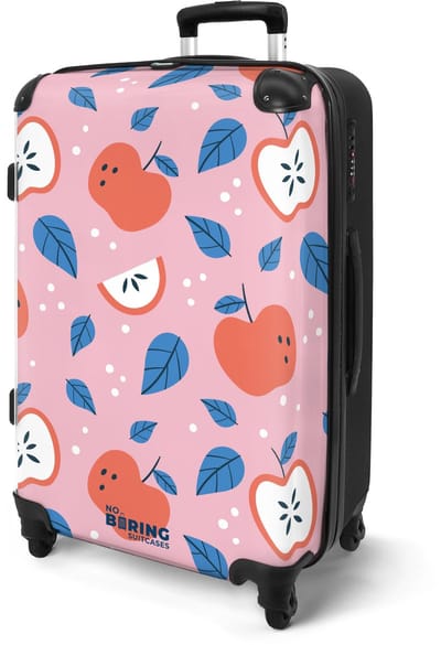 NoBoringSuitcases.com® - Koffer groot - Rolkoffer lichtgewicht dames - Roze met appels - Reiskoffer met 4 wielen - Valies grote trolley XL op wieltjes - Harde reistrolley met TSA slot - 20 kg bagage - Reizen