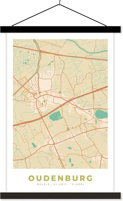 Posterhanger incl. Poster 40x60 cm - Schoolplaat - Stadskaart - Oudenburg - Kaart - Plattegrond - België - Textielposter - Zwarte latten - Stadskaart