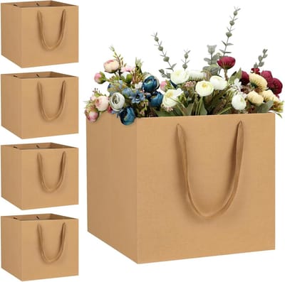 SnelShoppen - 5 Stuks Grote Cadeauzakken Bruin 30x30x30 cm Vierkante Papieren Tassen voor Boeket en Taart, Extra Grote Cadeautas voor Verjaardag, Kers
