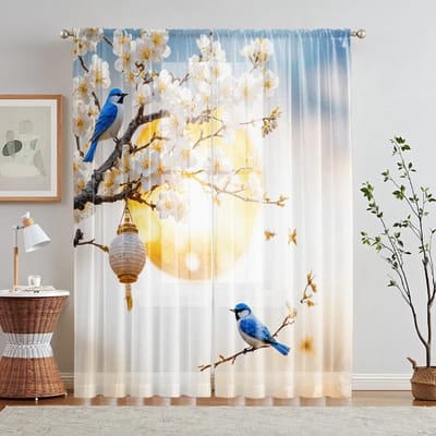 2 pièces HD numérique style chinois nouveau ravissant imprimé moustiquaire style décoration maison décoration salon chambre à coucher tringle à travers W52H63inchW132H160cm gray