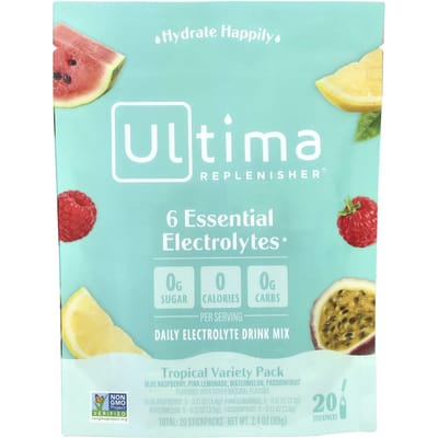 6 Électrolytes Essentiels, Mélange de Boisson Électrolytique Quotidien, Assortiment Tropical, 20 Sachets Sticks, 69G(2.4Oz)