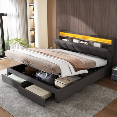 Wishdor Gestoffeerd Opbergbed 160x200 cm – LED Hoofdbord – Stalen Frame – Donkergrijs Linnen – Sfeervol & Stabiel