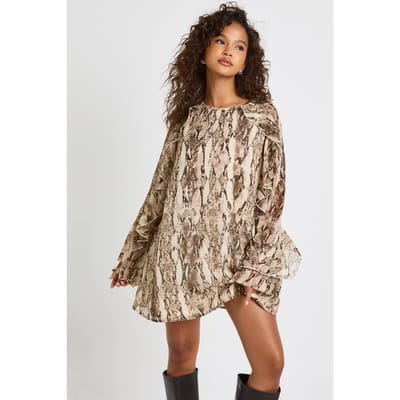 boohoo Dames Slangprint chiffon smockjurk | Stone | Maat: 8