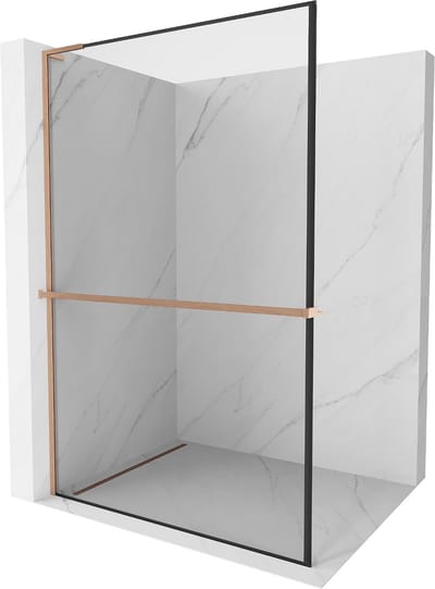 Mexen Kioto+ L douchescherm met schap Walk-in 50 x 200 , zwart frame, geborsteld koper - 800-050-123-65-70