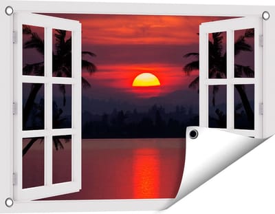 Gards Tuinposter Doorkijk Zonsondergang op het Strand met Palmbomen - 60x40 cm - Tuindoek - Tuindecoratie - Wanddecoratie buiten - Tuinschilderij