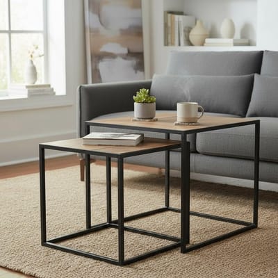 Bijzettafel Set - Woonkamer Tafel - Decoratief Meubel - Handgemaakt Mangohout - 55x55x50cm - Natuurlijk