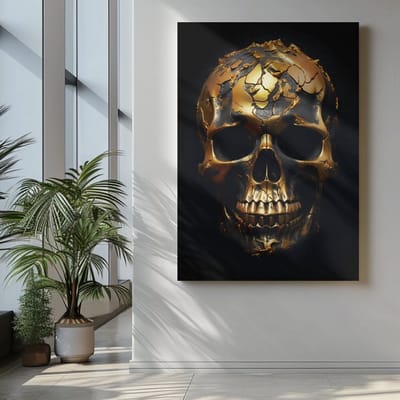 Canvas - Schilderij - Gouden Schedel - Wanddecoratie - 60x40x2 cm