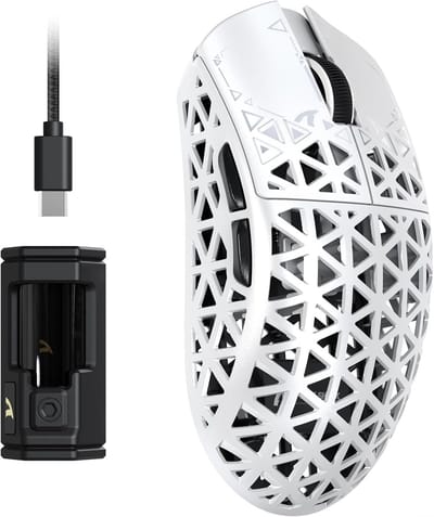 ATTACK SHARK R5 Ultra - Gamingmuis - Koolstofvezel Behuizing - 39g Ultralicht - HyperSpeed Draadloos - 2.4G / Bluetooth / USB-C Bedraad - PAW3950MAX Sensor - 8000Hz Pollingsnelheid - 42.000 DPI - Windows & Mac - Wit