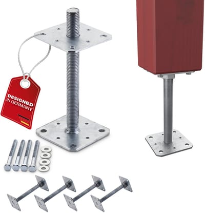 SOTECH set van 4 paaldragers 110 x 110 x 250 mm schroefdraad M24 staal thermisch verzinkt draagbeugel in hoogte verstelbare paalvoet om vast te schroeven weerbestendig