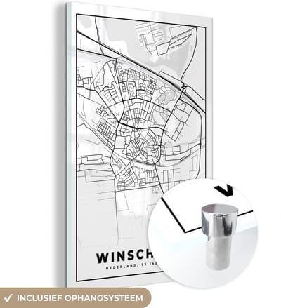 MuchoWow® Glasschilderij 40x60 cm - Schilderij acrylglas - Kaart - Winschoten - Zwart - Wit - Foto op glas - Schilderijen