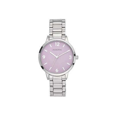 Adora Trends Dames Horloge - Edelstaal Schakelband - Lila Wijzerplaat - Ø 32 mm - Zilverkleurig - 3 ATM