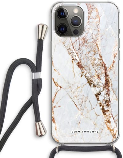 Case Company® - Hoesje met koord geschikt voor iPhone 12 Pro hoesje met Koord - Goud marmer - Telefoonhoesje met Zwart Koord - Bescherming aan alle Kanten en Over de Schermrand