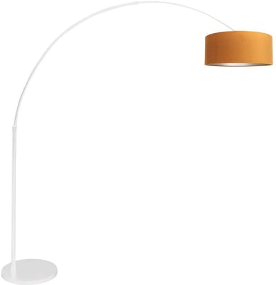 Witte Vloerlamp Booglamp Sparkled Light 7173W van Steinhauer, Goud Velours Kap, Metaal & Textiel, Draaibaar, Kantelbaar, Uitschuifbaar, Hoogteverstelbaar, 230 cm Uitschuiflengte
