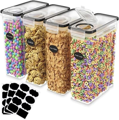 JustValue Voorraadpotten - Voorraadbussen Set 4-Delig - 4L Per Stuk - Luchtdicht - Schenkdeksel Met Klep - Stapelbaar - Transparant - Inclusief Stickervel 8 Labels - Witte Stift - Voor Ontbijtgranen Pasta Rijst Koekjes