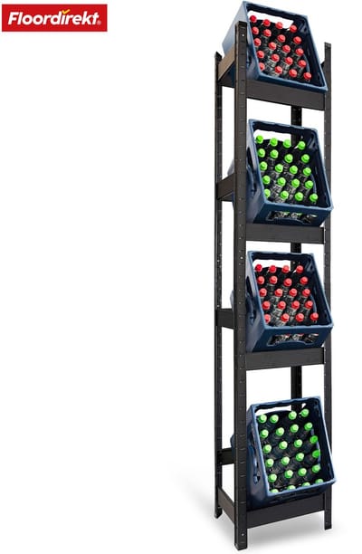 FLOORDIREKT Flessenkrattenrek Osaka - Poedergecoat Stalen Drankkrattenrek - voor 3 tot 9 Kratten - 200 x 40 x 30 cm - voor 4 Kratten - Zwart