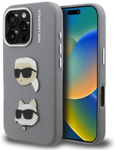 Karl Lagerfeld FW Grained Karl & Choupette Heads Pins Hoesje voor iPhone 16 Pro Grijs