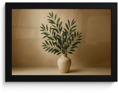 Poster in lijst - Fotolijst 30x20 cm - Posters - Vaas - Olijftakken - Bladeren - Beige - Posterlijst zwart - Decoratie - Wanddecoratie woonkamer - Muurdecoratie slaapkamer