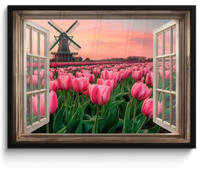 Poster in lijst - Fotolijst 70x50 cm - Posters - Doorkijk - Tulpen - Bloemen - Molen - Raam - Posterlijst zwart - Decoratie - Wanddecoratie woonkamer - Muurdecoratie slaapkamer