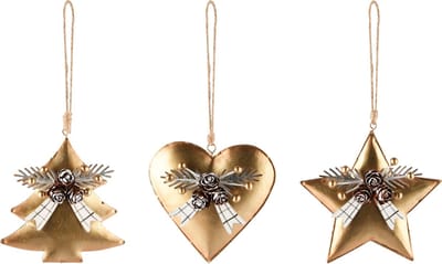 Dekoratief | Hanger boompje/hartje/ster, goud, metaal, 10x3x10cm, set van 3 stuks | A245382