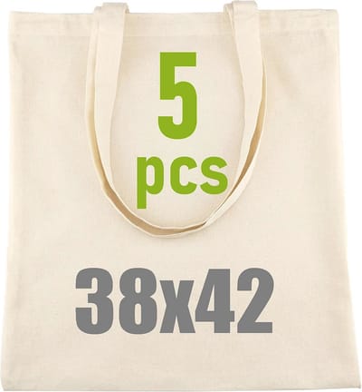 Katoenen Zak 38x42cm - Jute Zak Groot - Onbedrukte Doektas met Lange Hengsels - Ökotex 100 Gecertificeerd - Draagtas voor Boodschappen - Natuurlijke Verpakking 5 Stuks