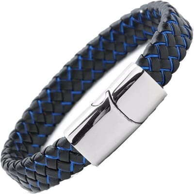 Gevlochten Heren Armband – 100% Echt Leder & Edelstaal – Magneetsluiting – 18.5 cm – Zwart Met Blauw - Rhylane®