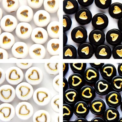 Symbolenkralen set – Hartjes – Unieke mix 200 stuks – Wit/Goud – Zwart/Goud – 7mm kraal – Past bij letterkralen set – Zelf sieraden maken – DIY