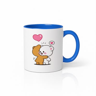 Schattige Knuffelende Beren Mok 330ml – Witte Keramische Koffiemok met Blauwe Oor – Romantisch Hartjes Design Cadeau voor Vriend, Vriendin of Beste Vriend(in)