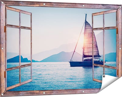 Gards Tuinposter Doorkijk Zeilboot bij Zonsondergang - 120x80 cm - Tuindoek - Tuindecoratie - Wanddecoratie buiten - Tuinschilderij