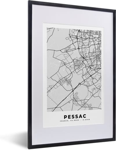 Fotolijst incl. Poster - Frankrijk - Pessac - Stadskaart - Plattegrond - Kaart - 40x60 cm - Posterlijst