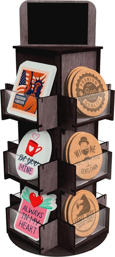 3-Tier Roterende Sticker Display Stand - Zwarte Houten Aanrecht Organizer voor Detailhandel en Beurzen