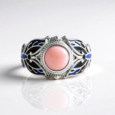 Cavill - Zilveren Ring - 925 Sterling Zilver met Platina - Roze Opaal 1,26 ct Ronde Cabochon uit Peru - Elegante Damesring met Bezel Zetting