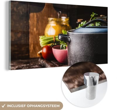 MuchoWow® Glasschilderij 120x60 cm - Schilderij acrylglas - Rustiek - Stilleven - Pan - Groente - Foto op glas - Schilderijen