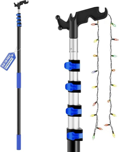 Verstelbare Telescopische Lichtpaal 4,6 - 18 FT - Aluminium Verlengstang met Utility Haak voor Kerstverlichting, Lichtslingers en Vogelvoeders