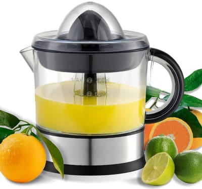 KAD® Citruspers - Elektrische Citruspers - Sinaasappelpers RVS - 0.7 Liter - Inclusief 2 Perskoppen - BPA-Vrij - Zwart & Zilver - 15cm x 15cm x 21cm
