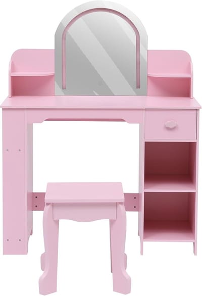 2-in-1 kinderkaptafel met 3-kleurige LED-spiegel en krukje, make-uptafel met lade, boekenplank en opbergplanken voor meisjes van 3 tot 9 jaar