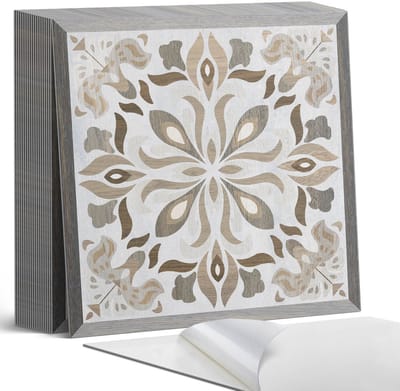 Coloray Plaktegels - Bloemenpatroon met symmetrie Zelfklevende Tegels - 20 cm x 20 cm - Beige Plaktegels - 20 stuks - Vierkant PVC Tegels - Plaktegels Badkamer - Plaktegels Vloer - Vinyltegels Vloer Zelfklevend - Wandtegel Zelfklevend