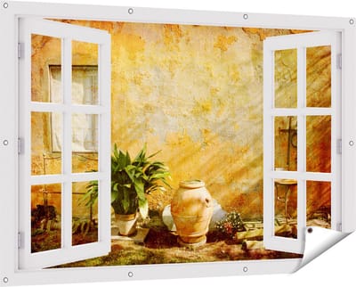 Gards Tuinposter Doorkijk Oude Stenen Muur - 150x100 cm - Tuindoek - Tuindecoratie - Wanddecoratie buiten - Tuinschilderij