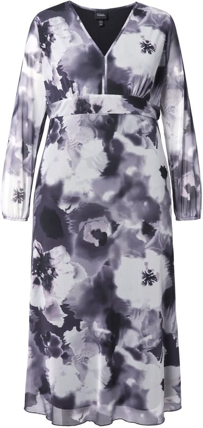 Ulla Popken - Dames - Maxi-jurk van mesh bloemen A-lijn V-hals lange mouwen - Zwart - Maat 42