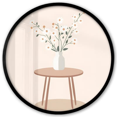 Poster in lijst Rond - Fotolijst 40x40 cm - Posters - Vaas - Bloemen - Madeliefjes - Beige - Ronde posterlijst zwart - Decoratie - Wanddecoratie woonkamer - Muurdecoratie slaapkamer