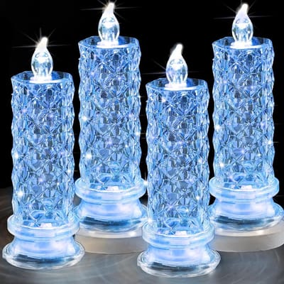 LED-kaarsen, 4-pack op batterijen werkende kaarsen met roze lichthalo, romantische vlamloze pijlerkaarsen voor Valentijnsdag Halloween-decoraties (blauw, D 2,5 "x H 7,2")