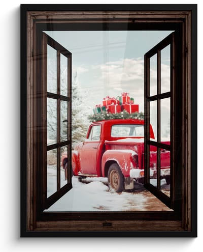 Poster in lijst - Fotolijst 50x70 cm - Posters - Doorkijk - Auto - Rood - Cadeaus - Winterlandschap - Kerst - Posterlijst zwart - Decoratie - Wanddecoratie woonkamer - Muurdecoratie slaapkamer - Kerstversiering - Kerstdecoratie voor binnen - Kerstmis