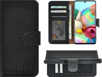 Hoesje Geschikt voor Samsung Galaxy A52 - 5G - Bookcase - Hoesje A52s 5G - Wallet Book Case Echt Leer Croco Zwart Cover