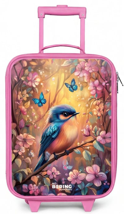 NoBoringSuitcases.com® - Kinderkoffer roze - Kindertrolley meisje - Vogel met vlinders in kleurrijk bos. - Koffer kind lichtgewicht - Reiskoffer trolley voor kinderen - Koffertje met lichtgevende wieltjes - Rolkoffer